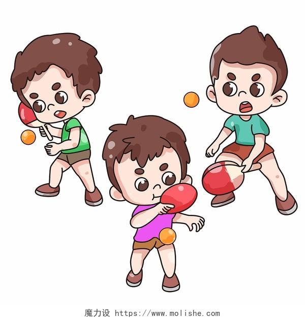 卡通运动项目打乒乓球男孩组合套图插画素材png